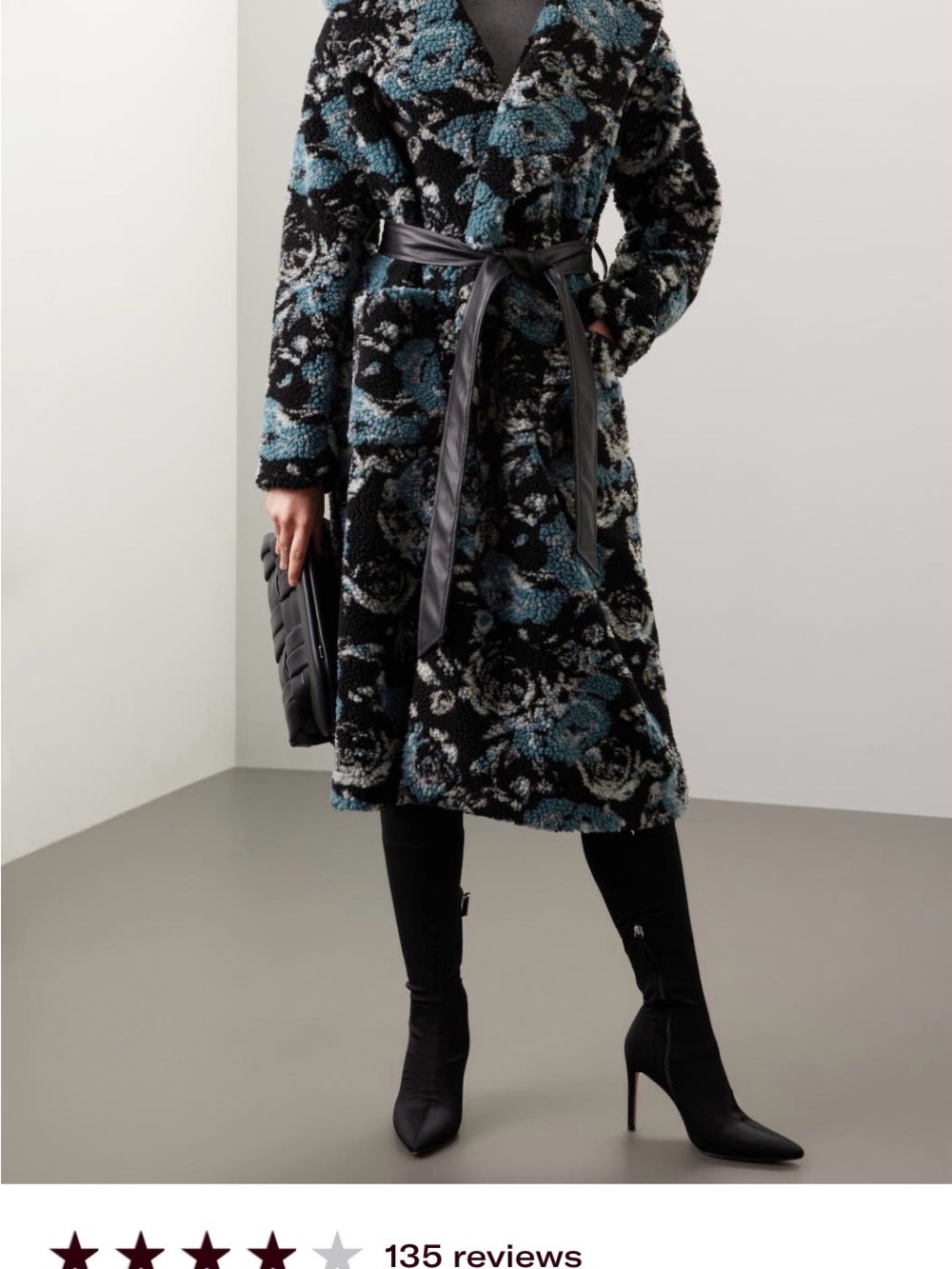 Hutch Floral Bouclé Belted Coat in Black and Teal